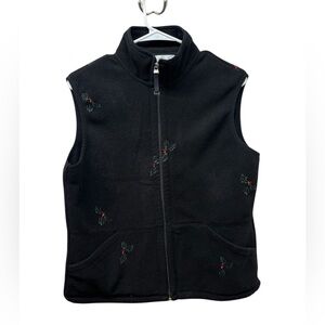 Casual Corner Black Fleece Mistletoe Vest with Holly Embroidery